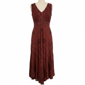 Agan Traders Boho Embroidered Sharkbite Midi Dress Rust Maroon XL/1X